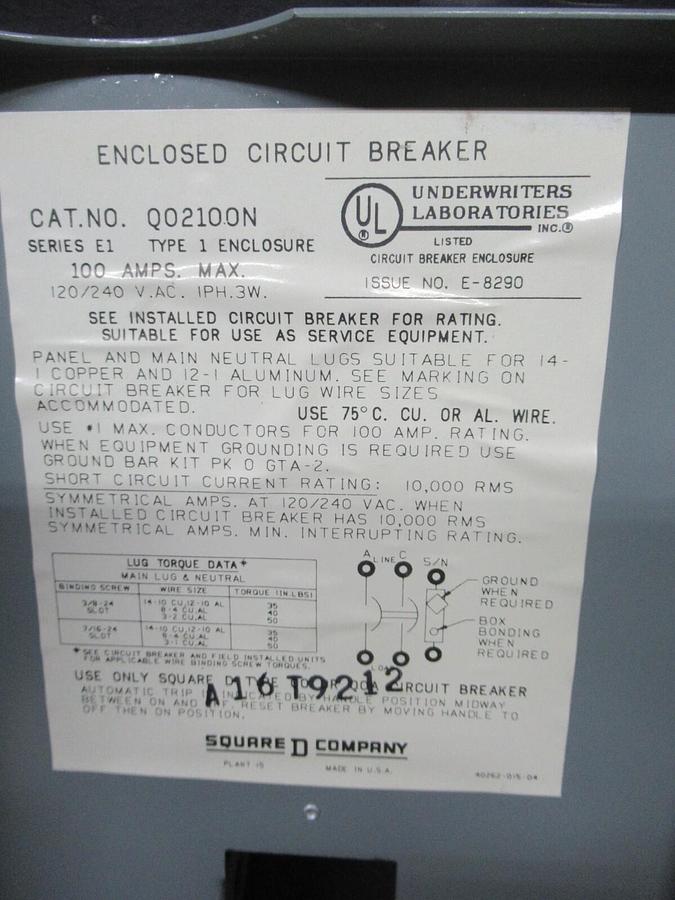 Used SQUARE D ENCLOSED CIRCUIT BREAKER QO2100N W/ QO2125 125 AMP 2-POLE 240 VAC