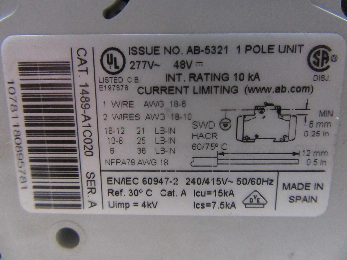 Used LOT OF 5 ALLEN BRADLEY 1489-A1C020 AB-5321 SINGLE POLE 277 VAC 2 AMP