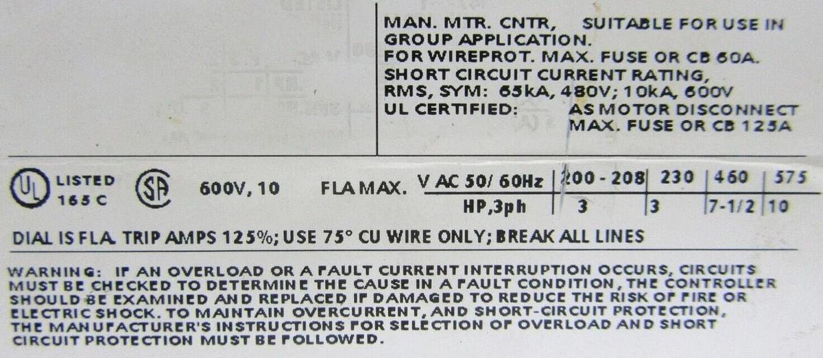 Used SIEMENS MOTOR SAVER 3RV1011-1JA10 600 VOLT 10 AMP 3-PHASE **WARRANTY**