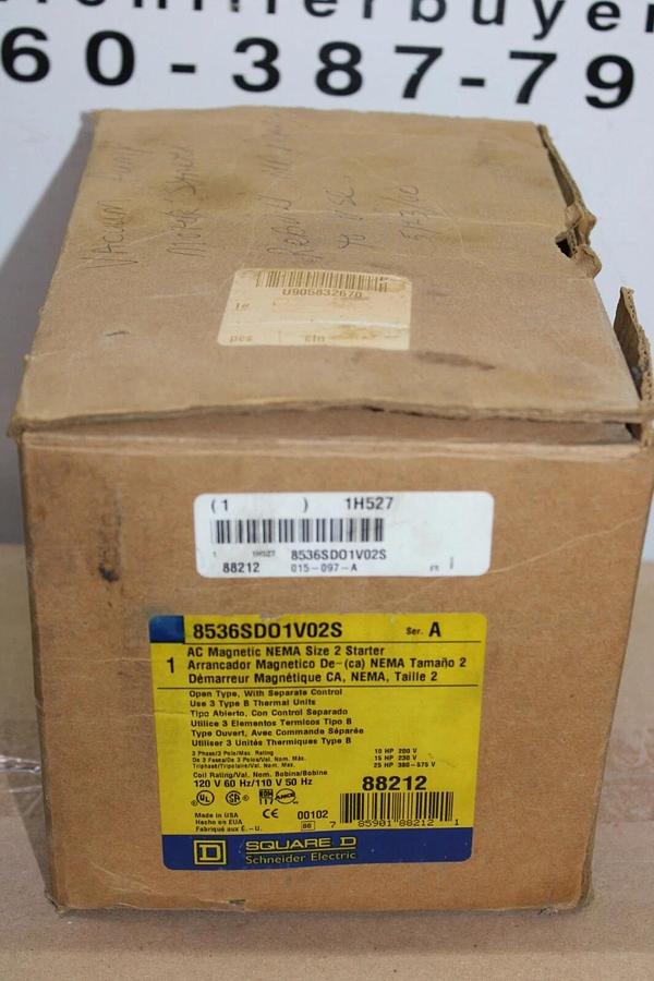 SQUARE D NEMA SIZE 2 STARTER 8536SD01V02S 600 VAC 25 HP 3-PHASE COIL: 120V *NEW*