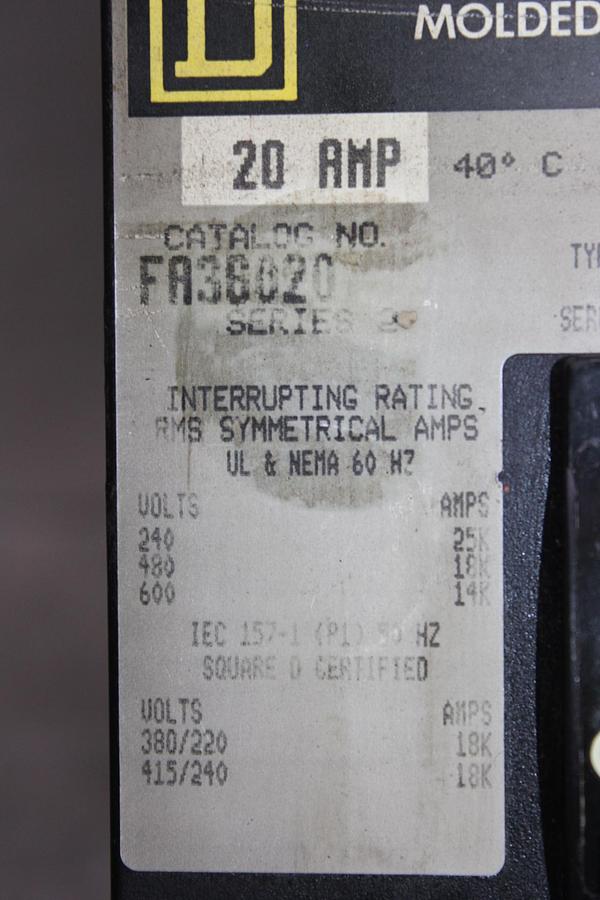 Used SQUARE D I-LINE CIRCUIT BREAKER FH36020 20 AMP 600 VOLT 3-POLE