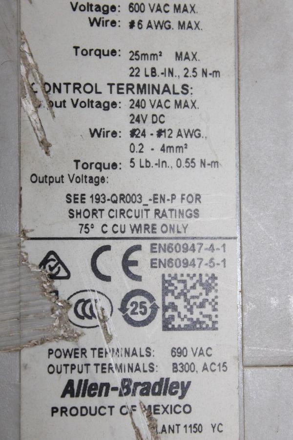 Used ALLEN BRADLEY DEVICENET OVERLOAD RELAY 592-EC1CC 193-ECPM2 5-25A 600V