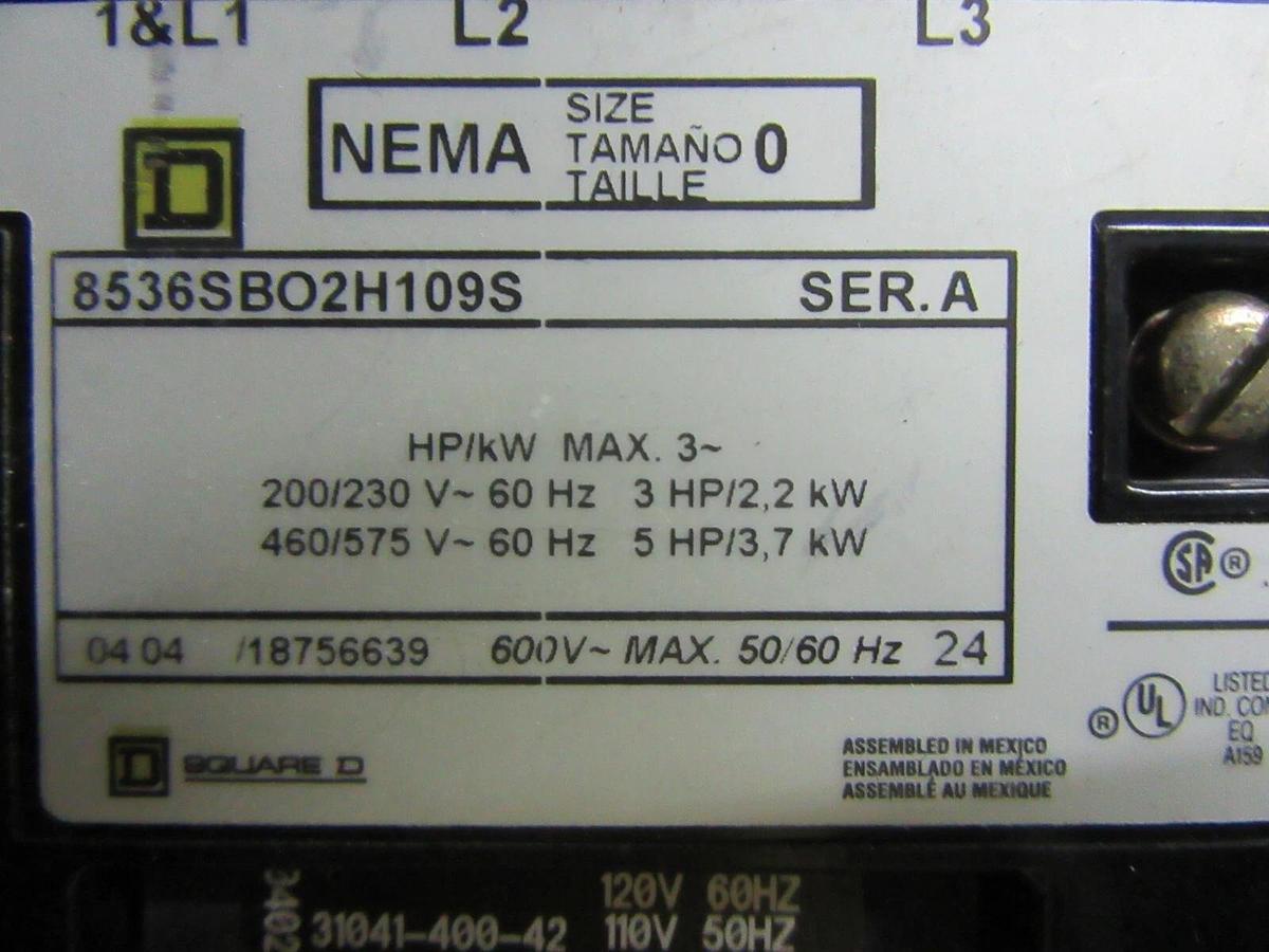 Used SQUARE D COMBINATION STARTER 8536SBO2H109S 30 AMP 600 VAC SIZE 0