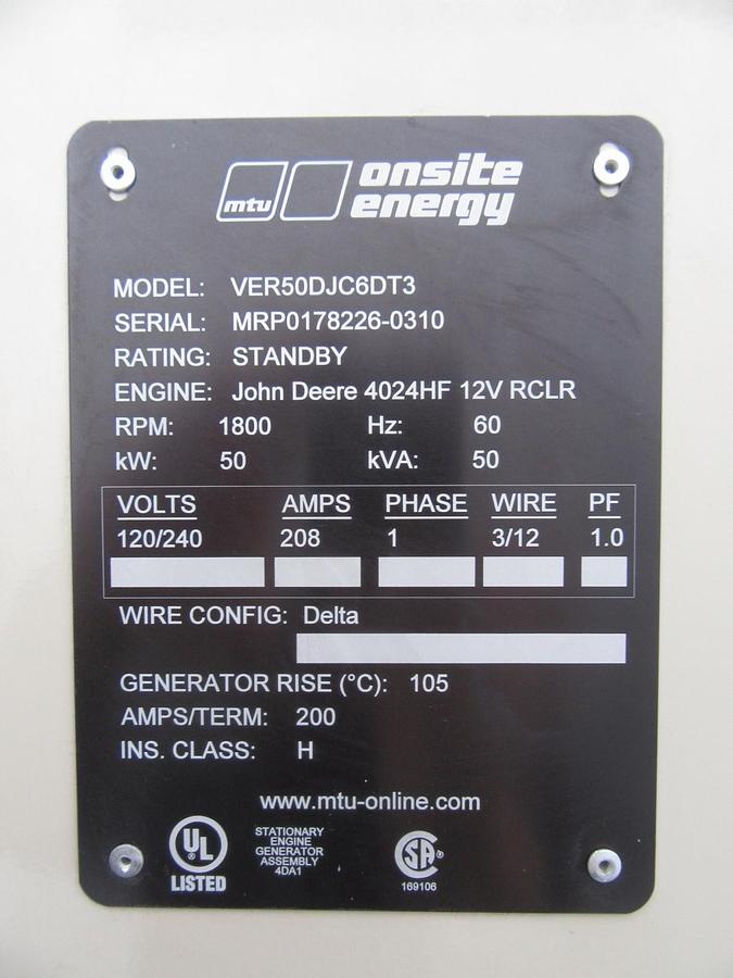 Used 50 KW DIESEL GENERATOR MTU 120/240 V  JOHN DEERE SOUND ENCLOSED 355 HRS  VIDEO