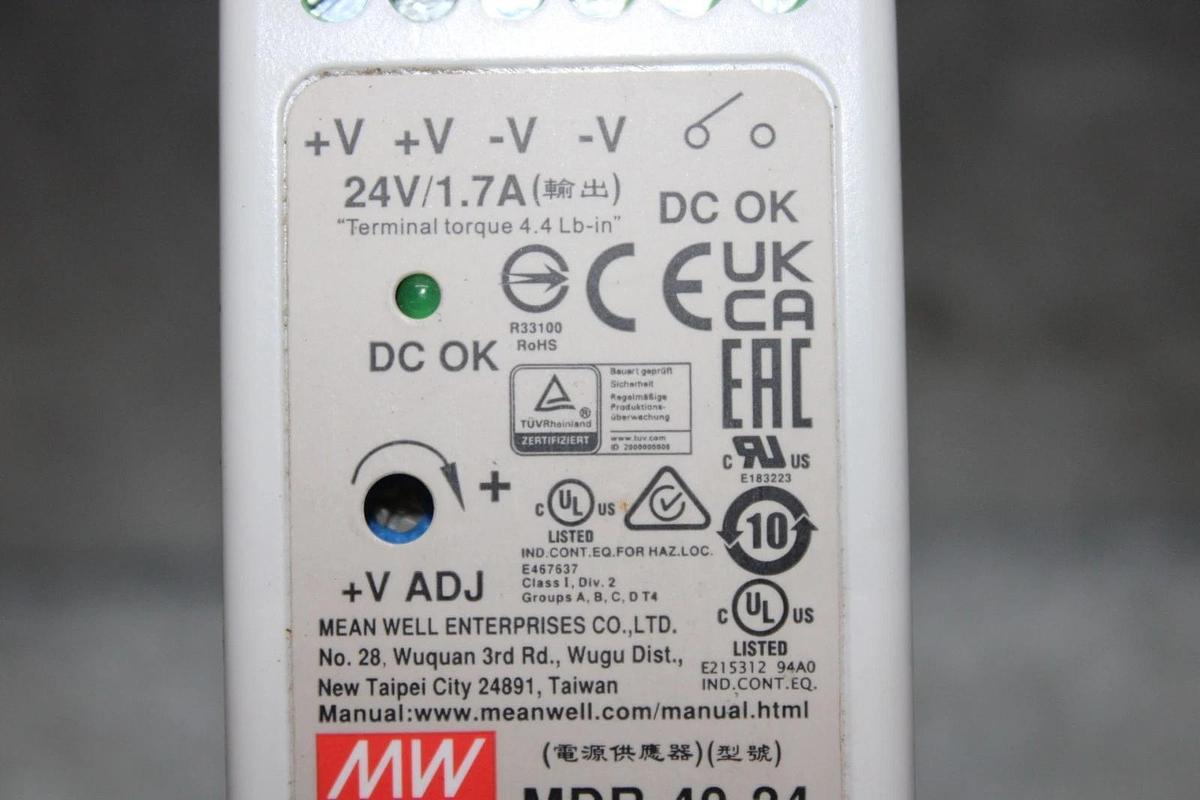 Used MEAN WELL POWER SUPPLY MDR-40-24 INPUT: 100-240 VAC 1.1A OUTPUT: 24 VDC 1.7A