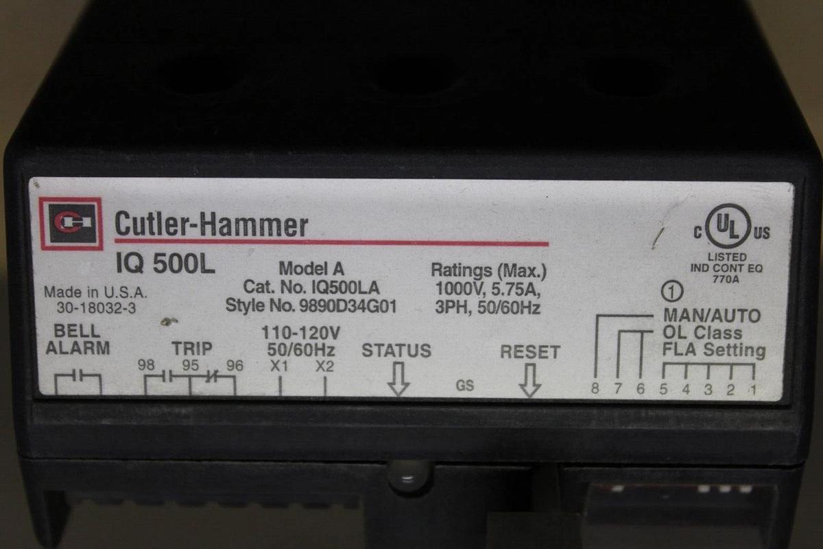 Used CUTLER HAMMER IQ-500 NEMA OVERLOAD RELAY MODULE IQ500LA 9890D34G01 1000V 5.75A