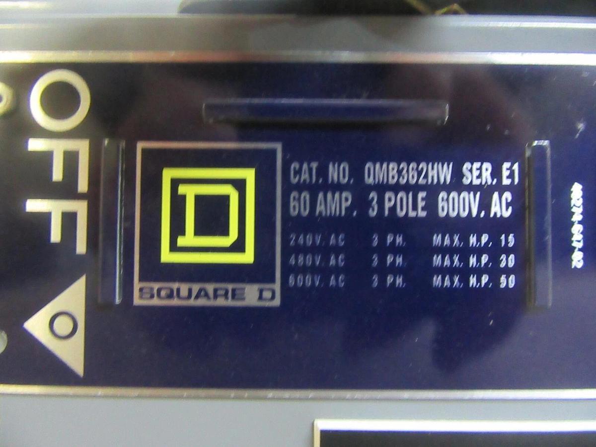 Used SQUARE D PANEL BOARD DISCONNECT QMB-362-HW 3-POLE 60 AMP 600 VAC 50 HP
