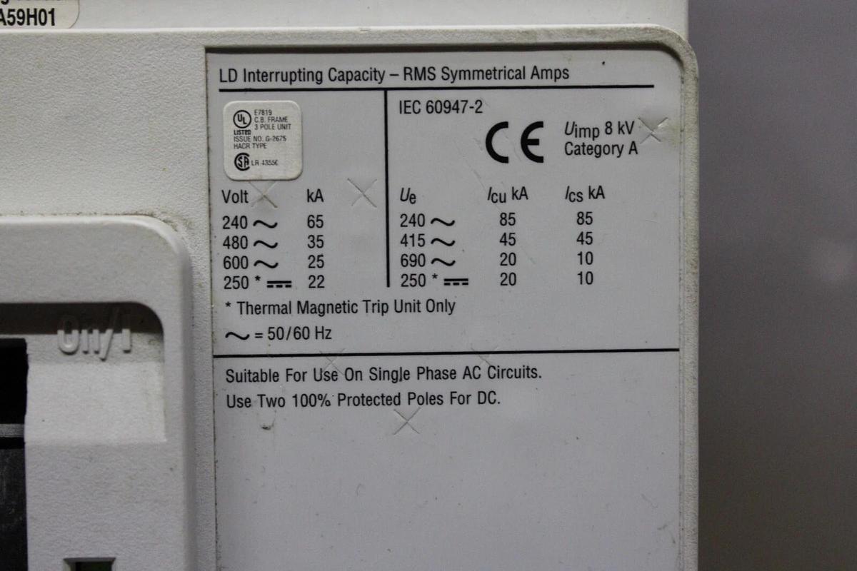 Used CUTLER HAMMER CIRCUIT BREAKER LD3600F 600 AMP 600 VAC 3-POLE *WARRANTY*