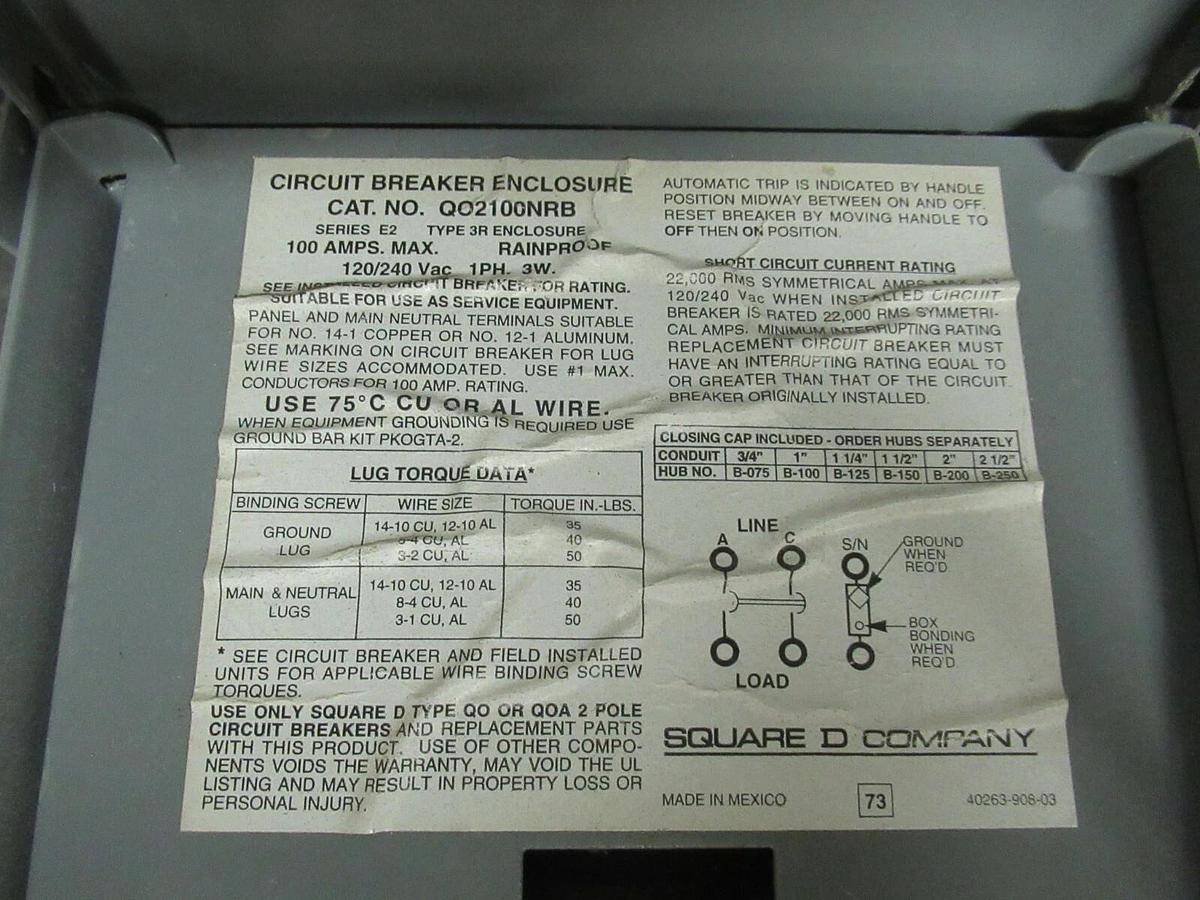 Used SQUARE D CIRCUIT BREAKER ENCLOSURE NEMA 3R 100 A MAX 120 / 240 V 1 PH QO2100NRB
