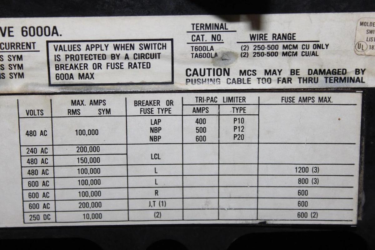 Used WESTINGHOUSE MOLDED CASE SWITCH LC3600WK 600 AMP 3-POLE 600 VAC **WARRANTY**