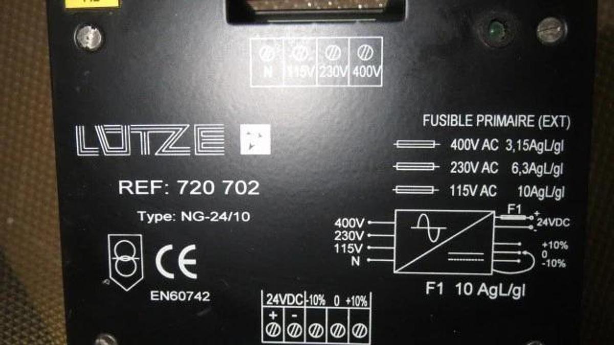 Used LUTZE POWER SUPPLY & TRANSFORMER 720-702 NG-24/10 INPUT: 400 VAC OUTPUT: 24 VDC