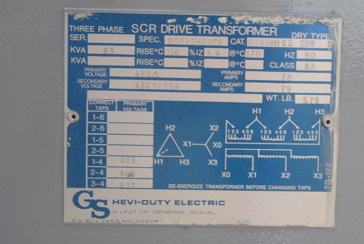 Used SQUARE D TRANSFORMER 75T3H 75 KVA 480V HIGH @ 90A 208Y/120V LOW @ 208A
