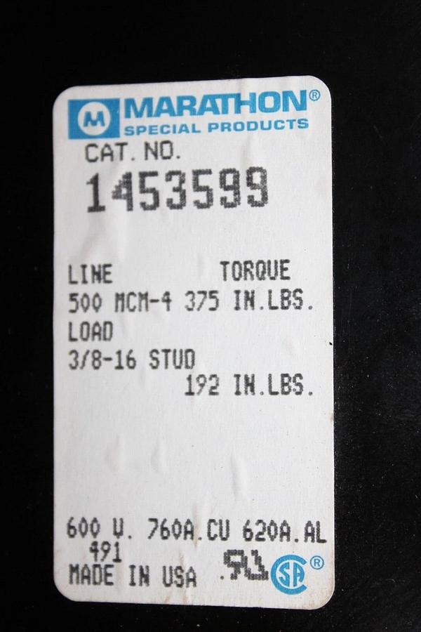 Used MARATHON DISTRIBUTION LUG SET 1453599 600 VAC 760 AMP 500 MCM - 3/8-16 STUD