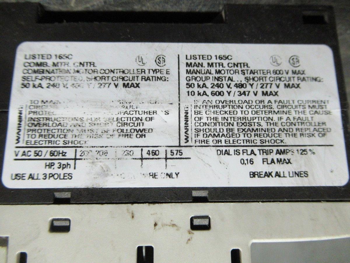 Used SIEMENS MANUAL MOTOR START 3RV1011-0AA15 600V 0.16A **WARRANTY INCLUDED**