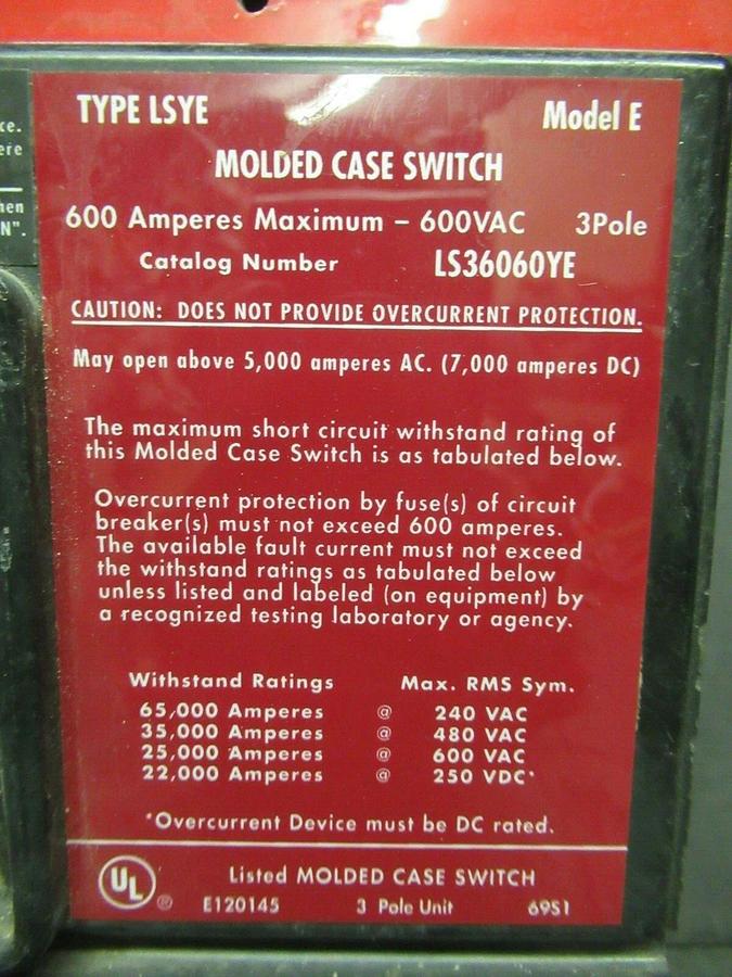 Used CUTLER HAMMER MOLDED CASE SWITCH 600 AMP 600 VAC 3-POLE **WARRANTY**