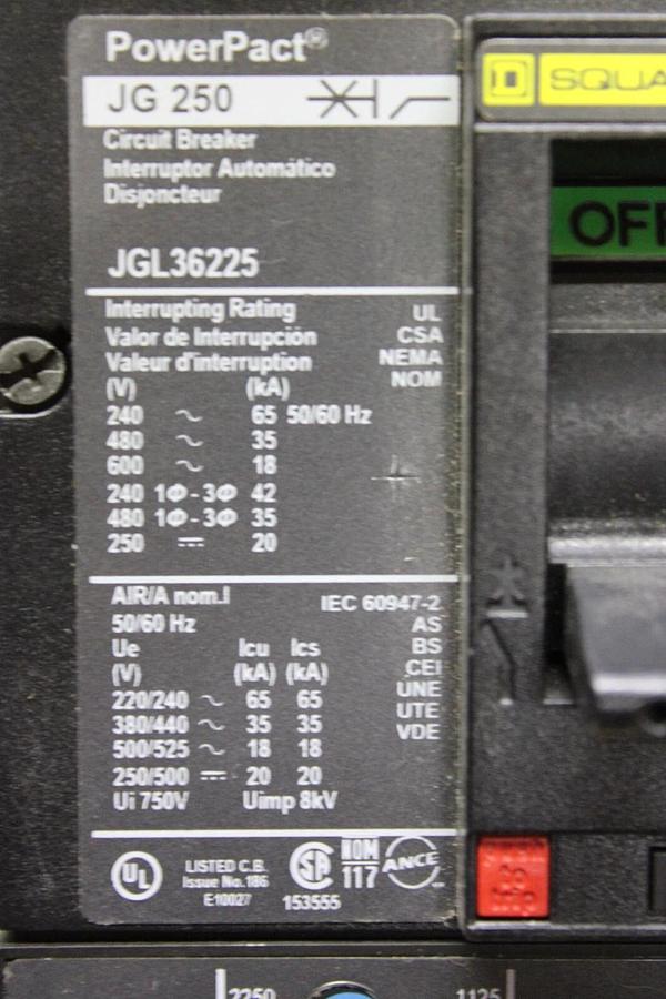 Used SQUARE D POWERPACT BREAKER JGL36225 225 AMP 3-POLE 600 VAC JG-250