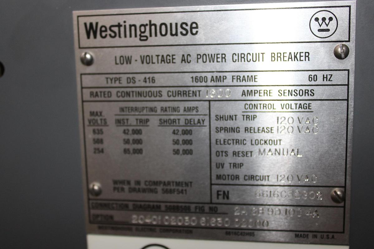 Used CUTLER HAMMER DS416 LOW VOLTAGE AC CIRCUIT BREAKER 1600 AMP 635 VOLT