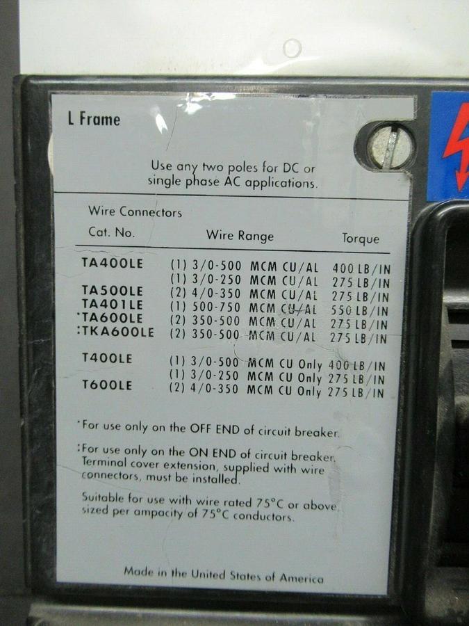 Used CUTLER HAMMER CIRCUIT BREAKER LS36F600E 400 AMP 600 VAC 3-POLE LSE