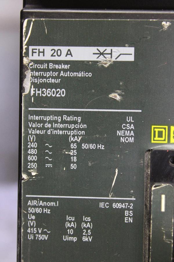 Used SQUARE D I-LINE CIRCUIT BREAKER FH26020AC 20 AMP 600 VOLT 2-POLE AC-POLES