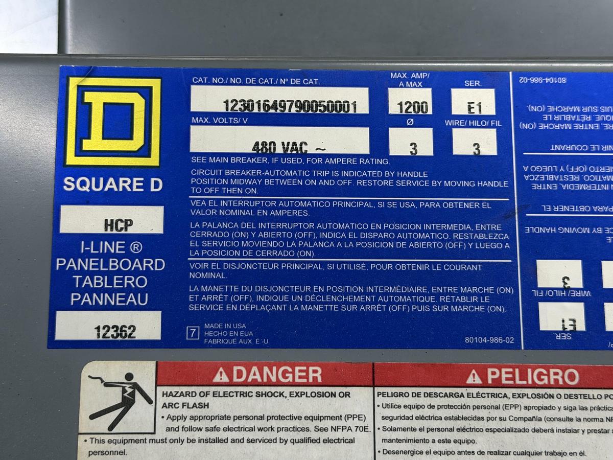 Used SQUARE D TYPE 1 NF MLO SERVICE PANEL 12106793820080001 250 AMP 42-SLOT 600V