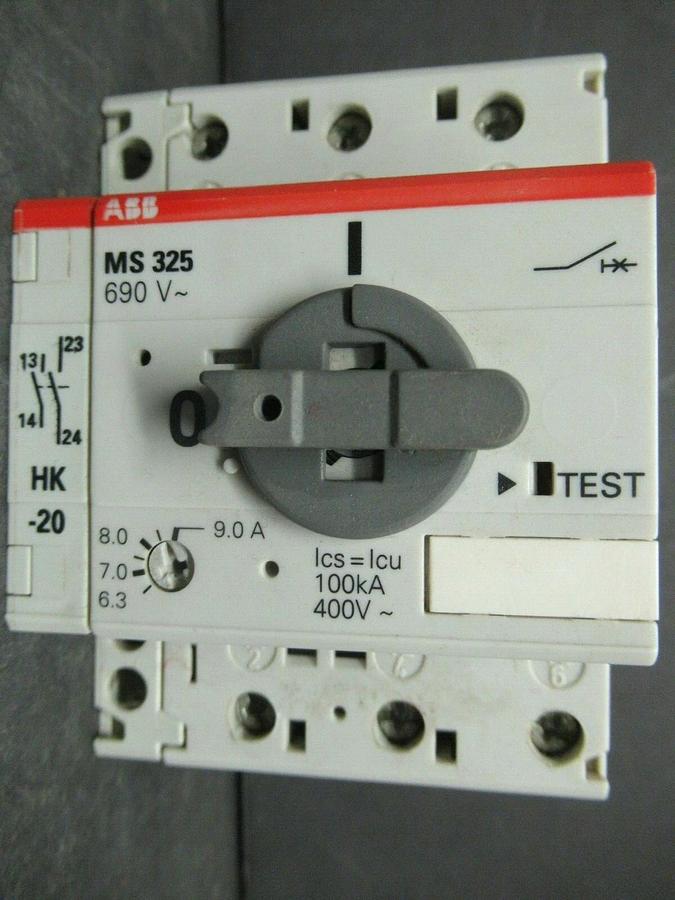 Used ABB MANUAL MOTOR START MS325 6.3-9 AMP 600 VAC W/ AUXILIARY CONTACTS