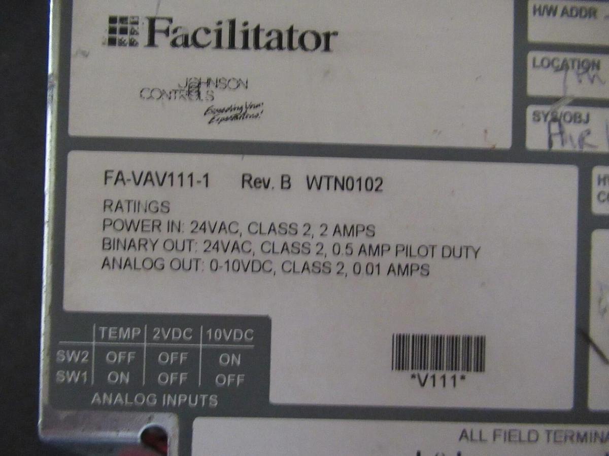 Used JOHNSON CONTROLS FACILITATOR HVAC CONTROL FA-VAV111-1 REV B **WARRANTY**