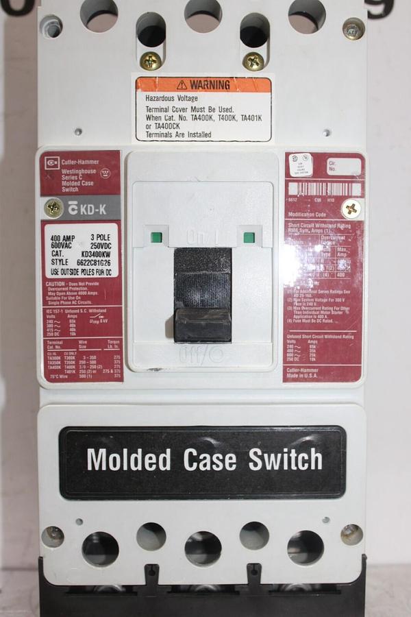 Used CUTLER-HAMMER MOLDED CASE SWITCH LD3600KW 3-POLE 600 AMP 600 VAC KD-K