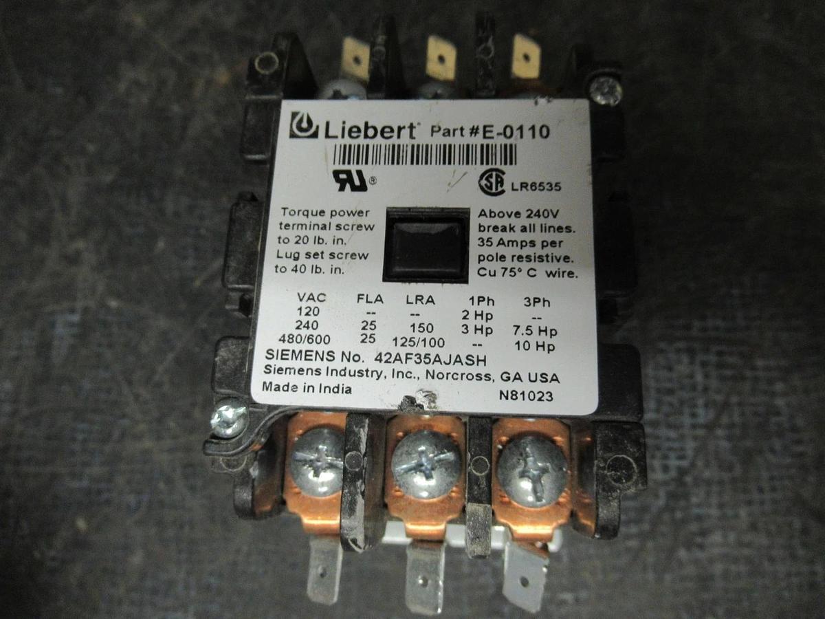 Used LIEBERT / SIEMENS CONTACTOR E-0110 / 42AF35AJASH 600V 25A 35A/RES 10HP