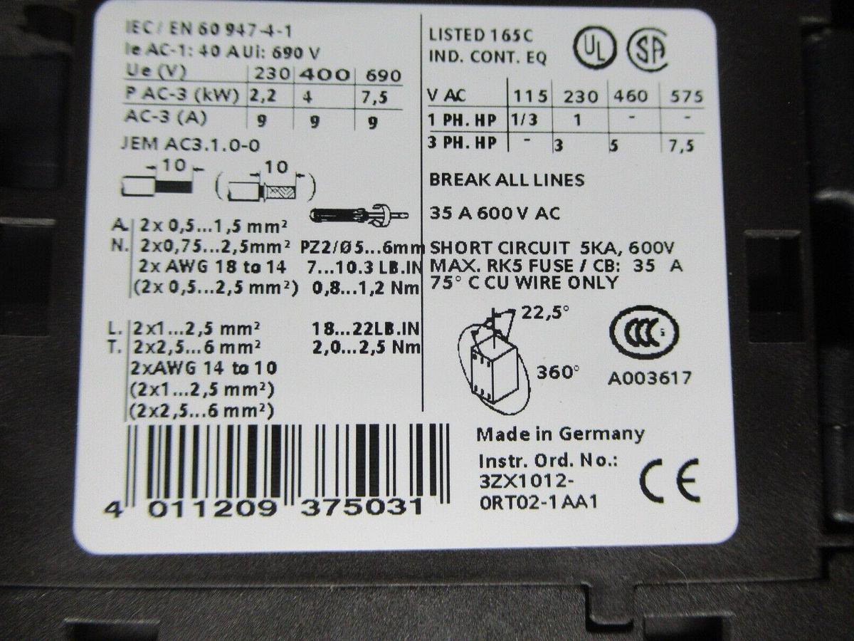 Used SIEMENS MANUAL MOTOR STARTER 3RV1021-1FA10 W/ 3RT1023-1A..0 600 VAC 7.5 HP
