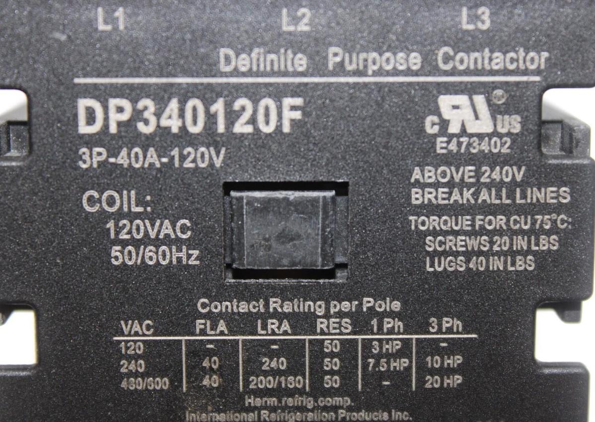 Used IRP CONTACTOR DP340120F 40 AMP 3-POLE 600 VAC 3-PHASE COIL: 120 V