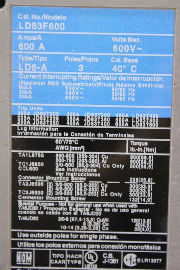 Used CUTLER-HAMMER TRI-PAC DE-ION CIRCUIT BREAKER NB3800PF 300 AMP 600 VAC 3-POLE