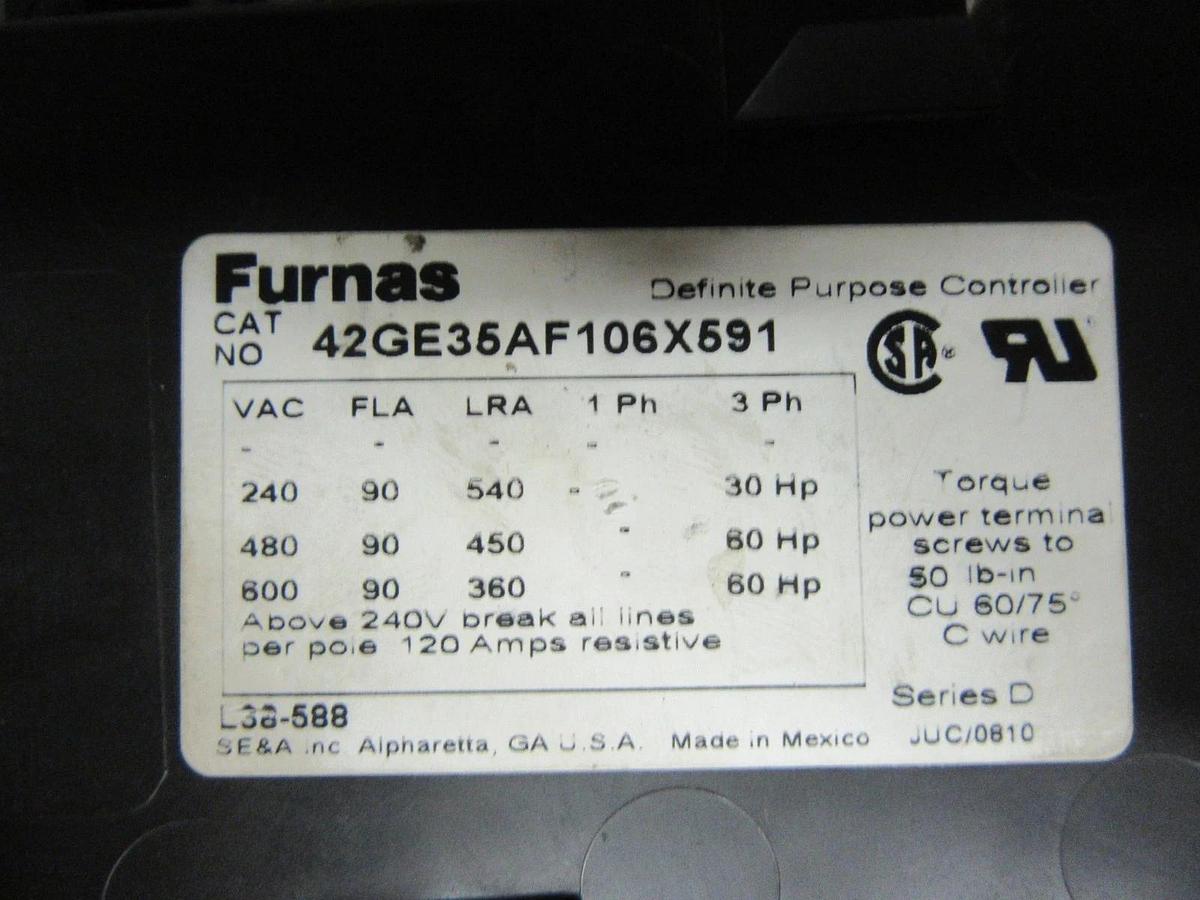Used FURNAS DEFINITE PURPOSE CONTACTOR 42GE35AF106X591 600V 90A 60HP 3-POLE 3-PHASE