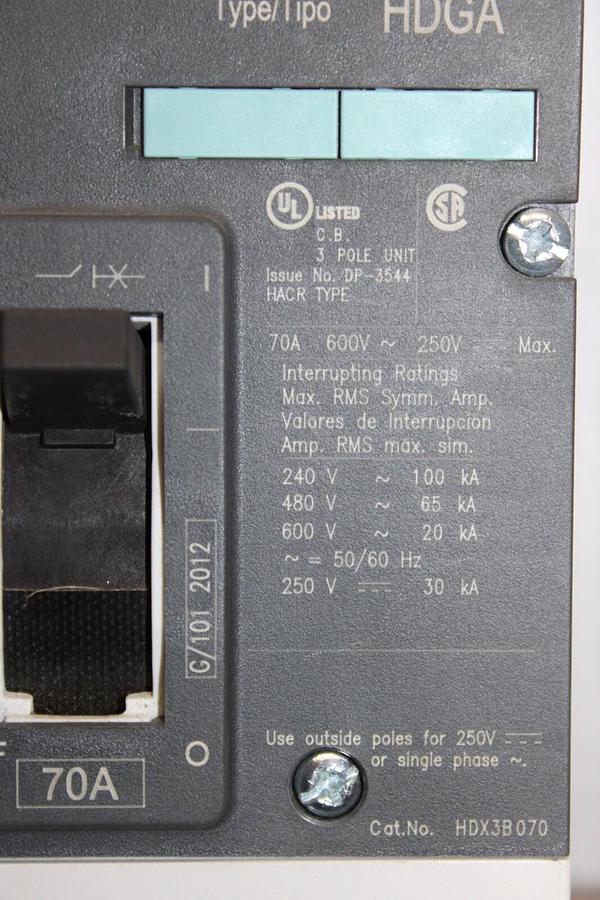 Used SIEMENS CIRCUIT BREAKER HDX3B070 70 AMP 3-POLE 600 VAC **WARRANTY**