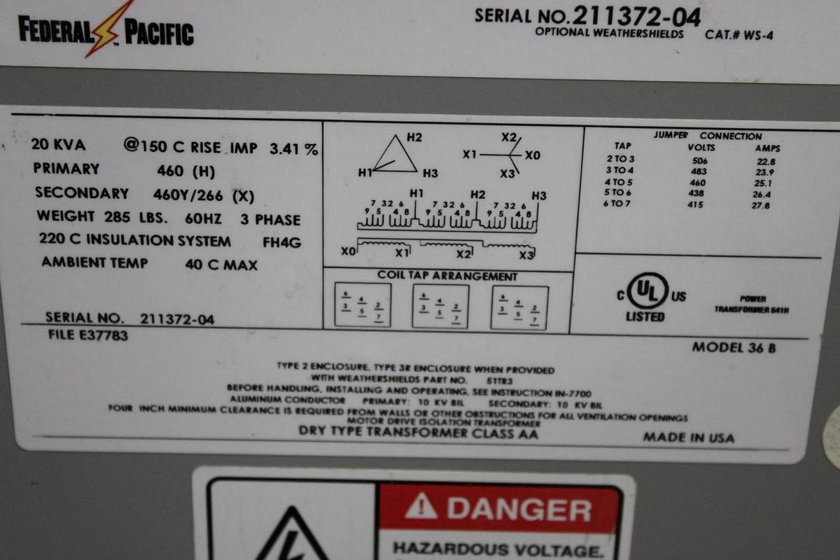 Used FEDERAL PACIFIC TRANSFORMER 36-B 20 kVA PRI: 460V SEC: 460Y/266V 3-PHASE