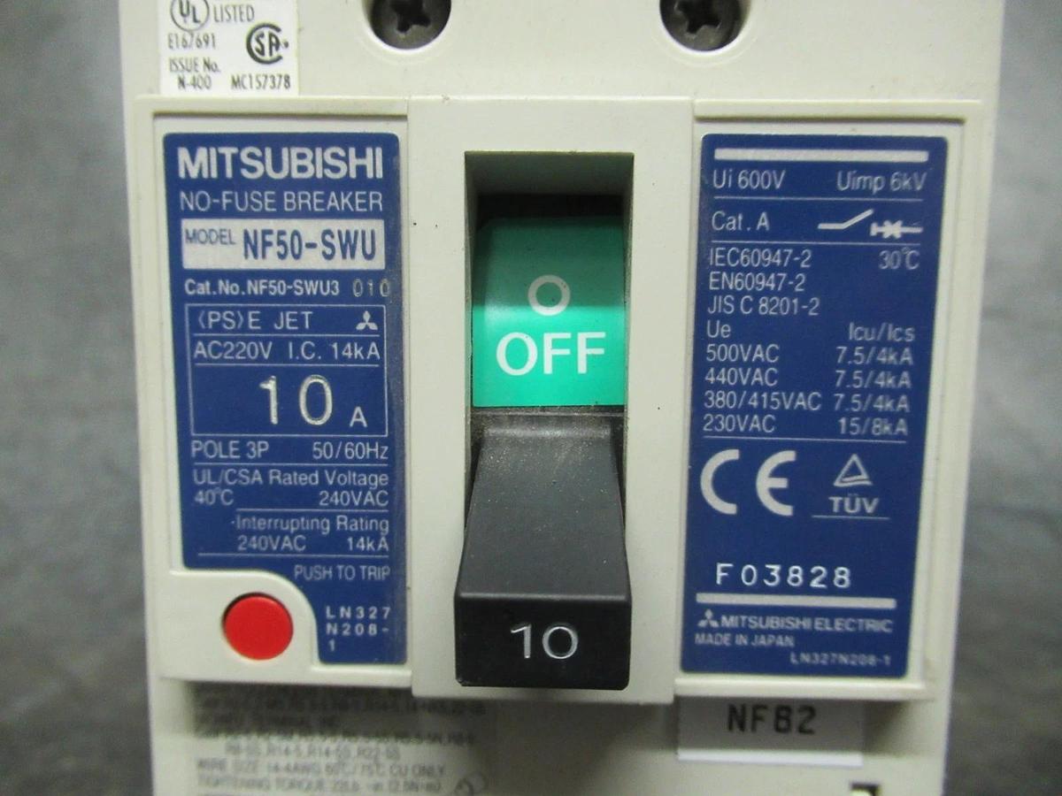 Used MITSUBISHI BREAKER NO-FUSE NF50-SWU3 3-POLE 240V 10A **WARRANTY INCLUDED**