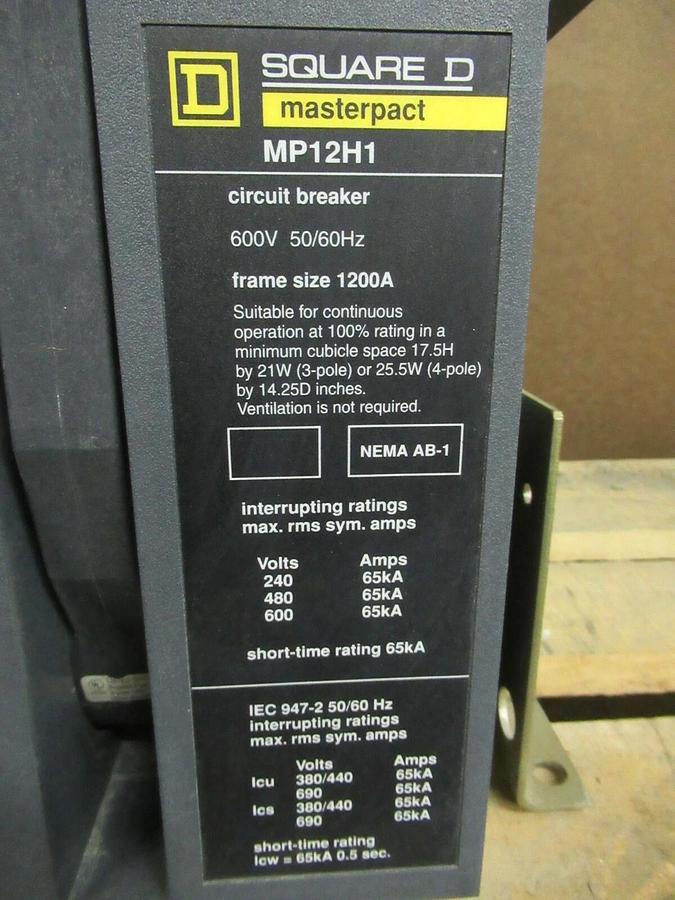 Used 1200 AMP SQUARE D MP12H1 MASTERPACT BREAKER 3P 600V STR58U 54750 TRIP 240 480