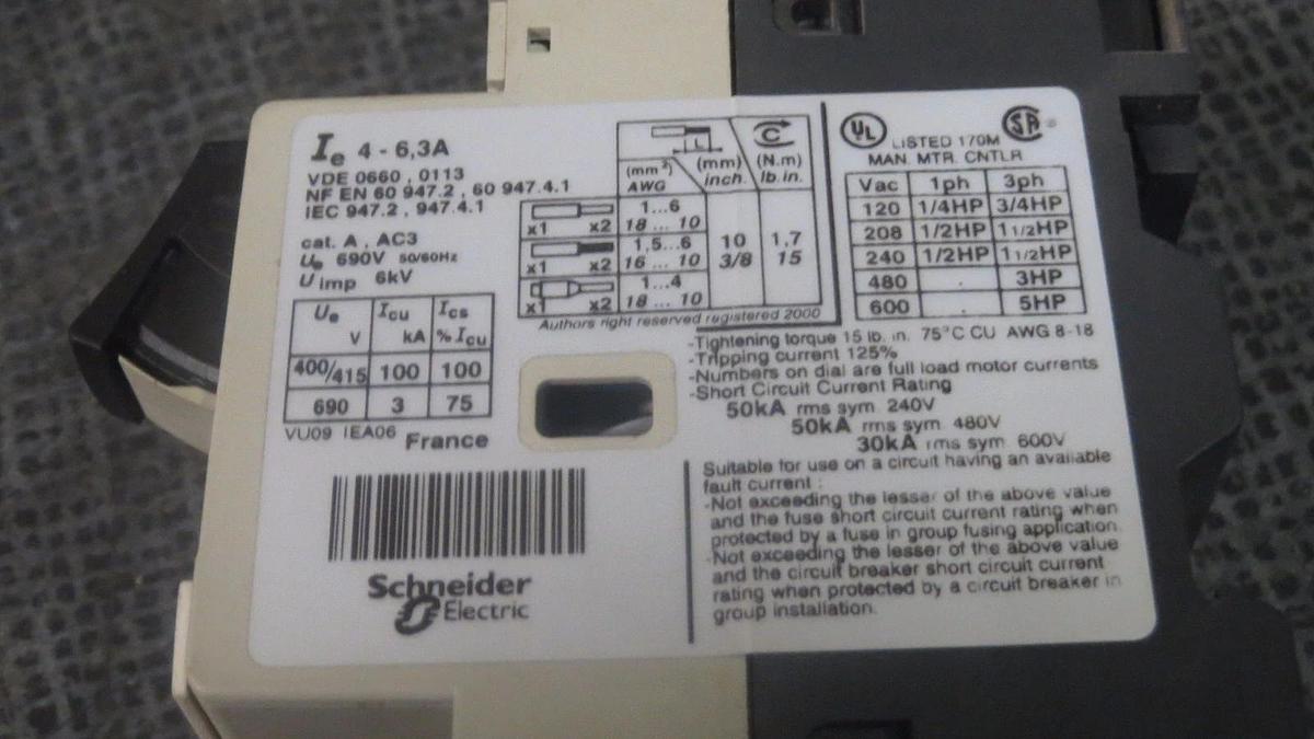 Used (1) TELEMECANIQUE CONTACTOR MANUAL MOTOR START 4-6.3 AMP 600V  MODEL: GV2-M10