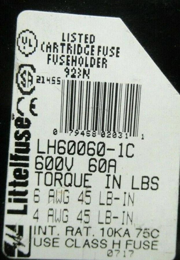 Used LITTELFUSE FUSE LUG SET LR60060-1C 600 VOLTS 60 AMP **WARRANTY INCLUDED!**
