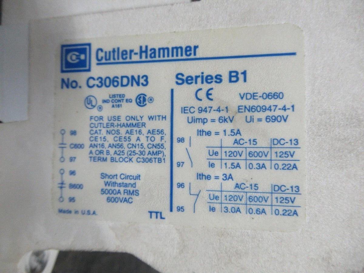 Used CUTLER HAMMER STARTER AE16ANS0 SER. C1 W/ C306DN3 OVERLOAD RELAY SER. B1