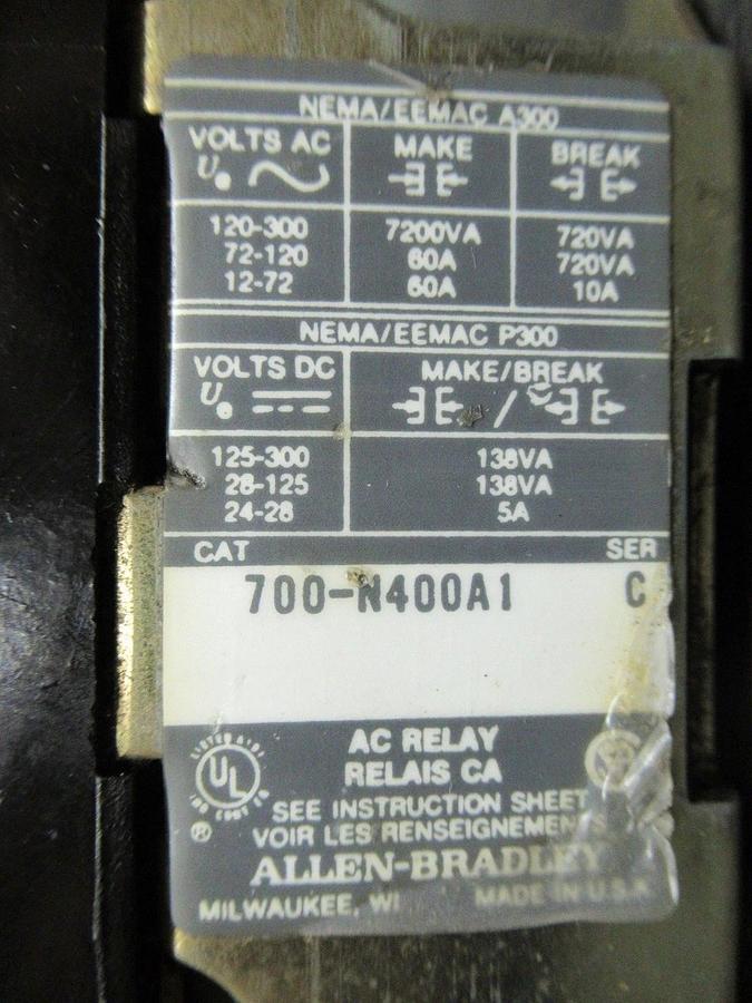 Used ALLEN-BRADLEY RELAY 700-N400A1 300V 7200VA COIL: 120V **WARRANTY**