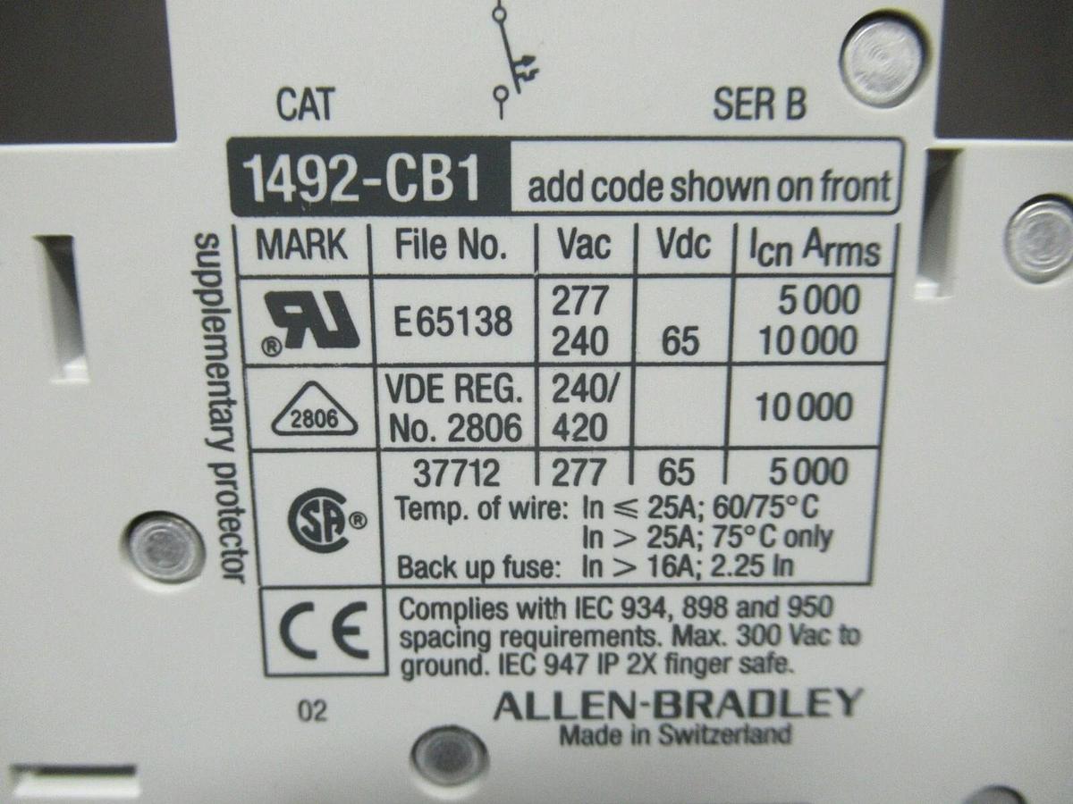 Used 10 AMP ALLEN BRADLEY BREAKER 1492-CB1 SER. B 277 VAC SINGLE POLE