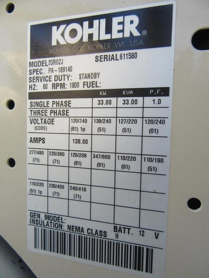 Used 30KW DIESEL GENERATOR KOHLER 120/240 V JOHN DEERE 12-LEAD RECONNECTABLE