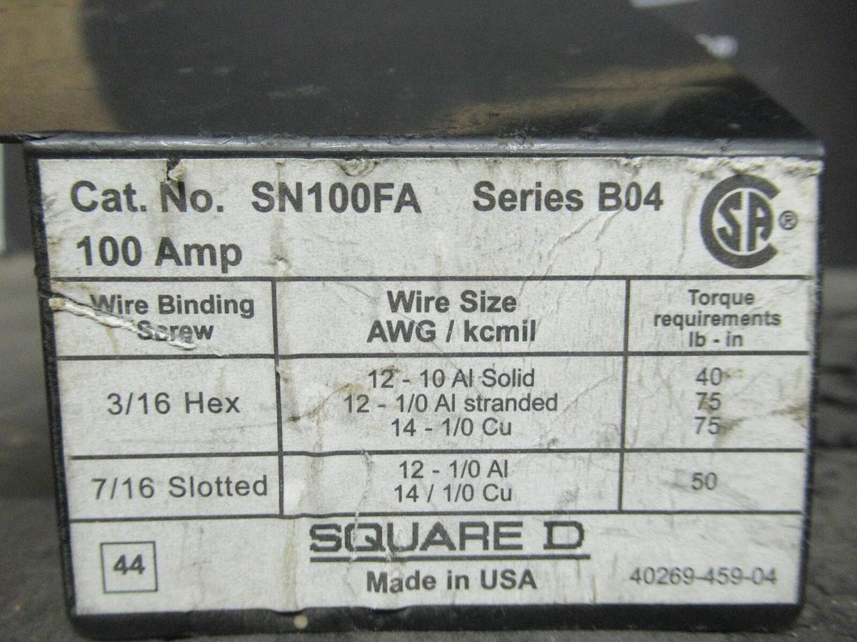 Used SQUARE D 100 AMP GROUNDABLE NEUTRAL ASSEMBLY SERIES B04 GROUND W/ LUGS SN100FA