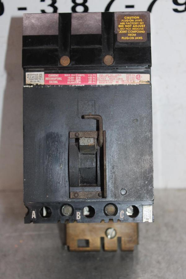 Used SQUARE D I-LINE CIRCUIT BREAKER FA36020 20 AMP 600 VOLT 3-POLE
