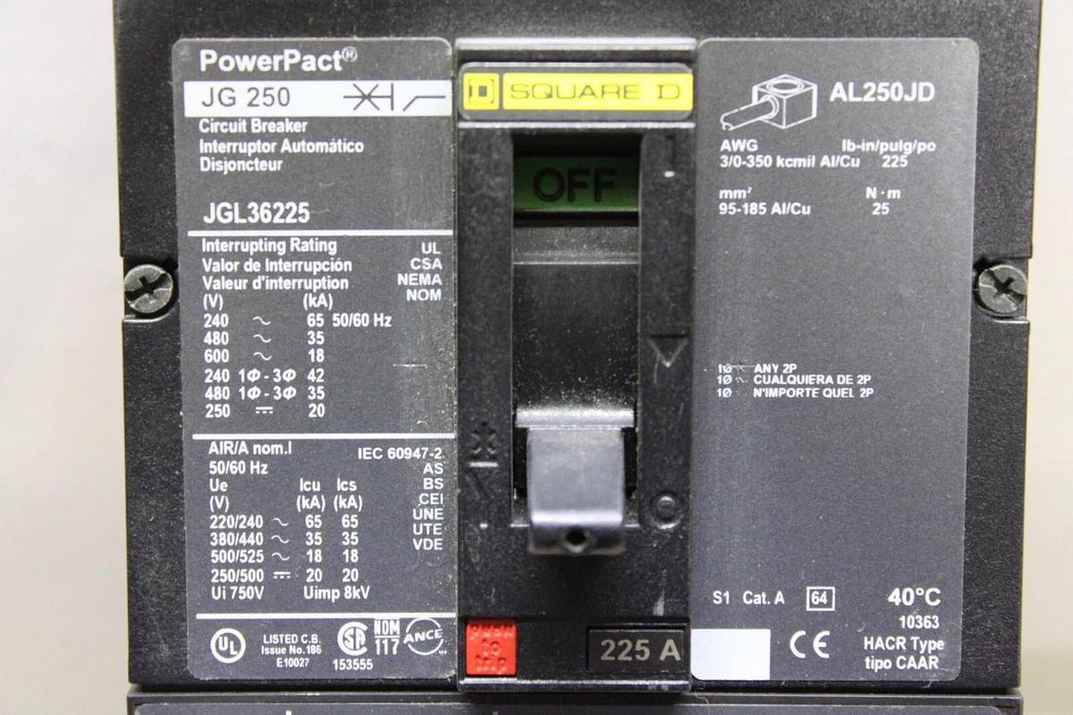 Used SQUARE D POWERPACT BREAKER JGL36225 225 AMP 3-POLE 600 VAC JG-250