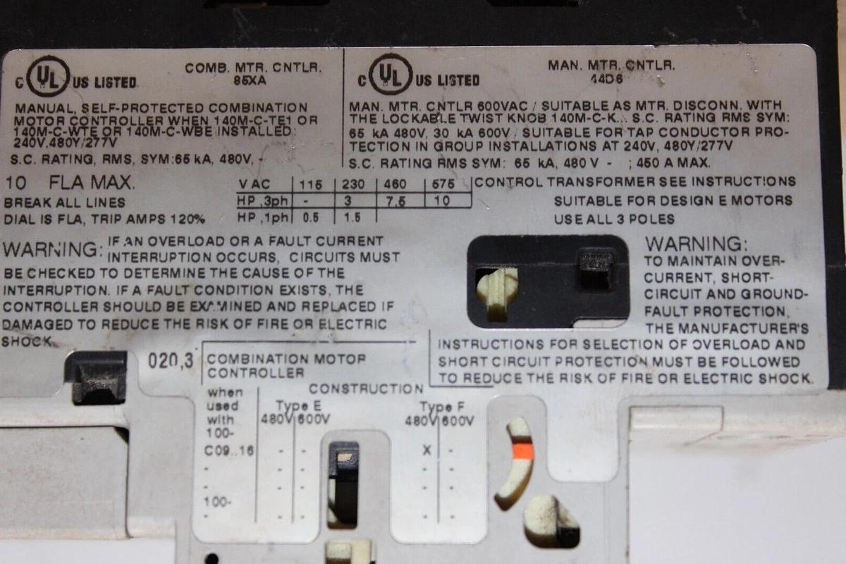 Used ALLEN BRADLEY MANUAL MOTOR STARTER 140M-2CE-C10 10 AMP 600 VAC