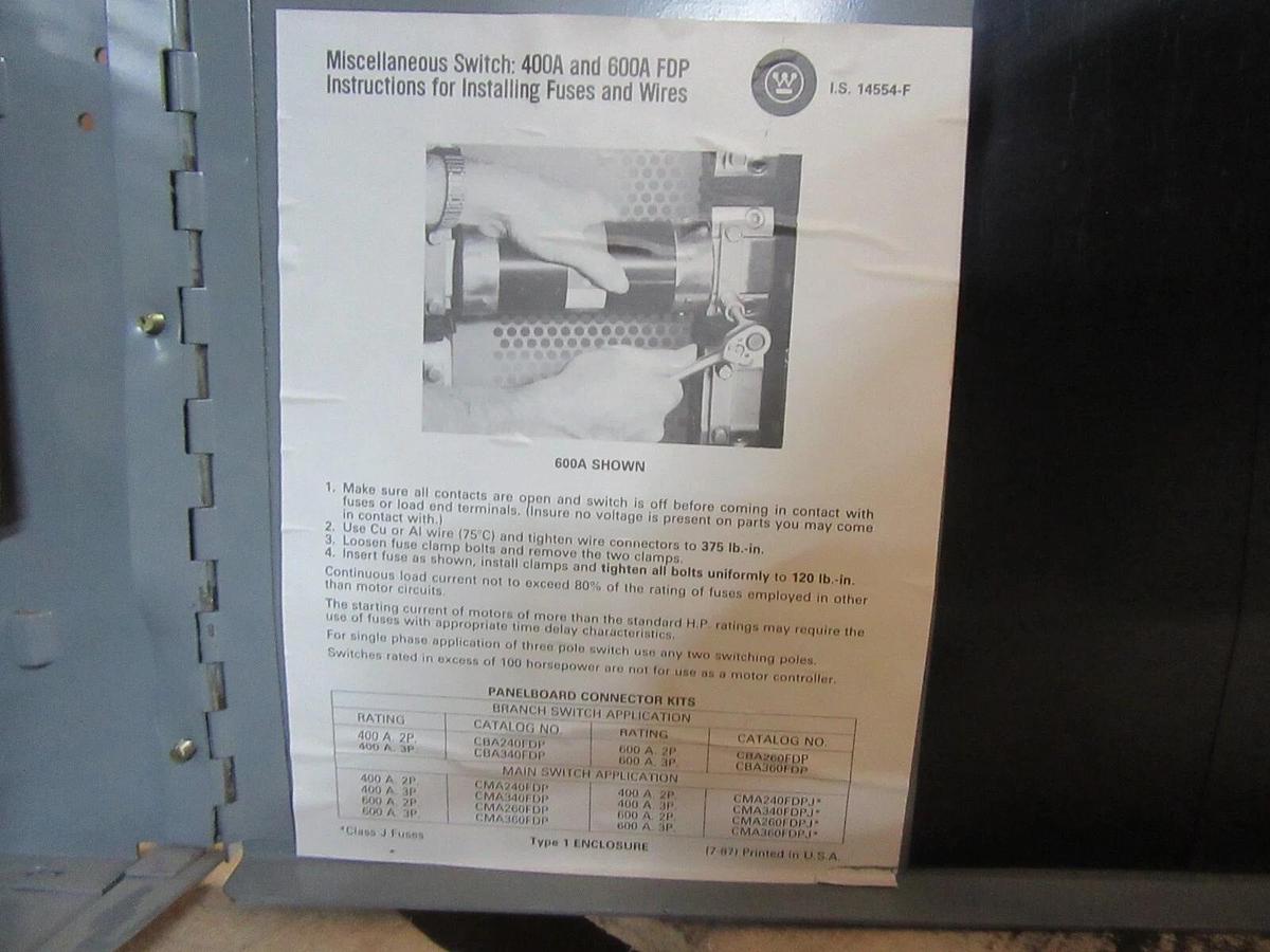 Used WETINGHOUSE FUSE PANELBOARD SWITCH FDP365R 400 AMP 600 VAC 350 HP 3-POLE