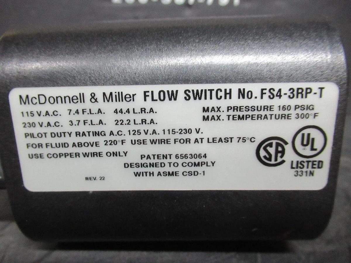 Used MCDONNELL & MILLER FLOW SWITCH FS4-3RP-T 160 PSIG 115/230 VAC 7.4/3.7 AMP