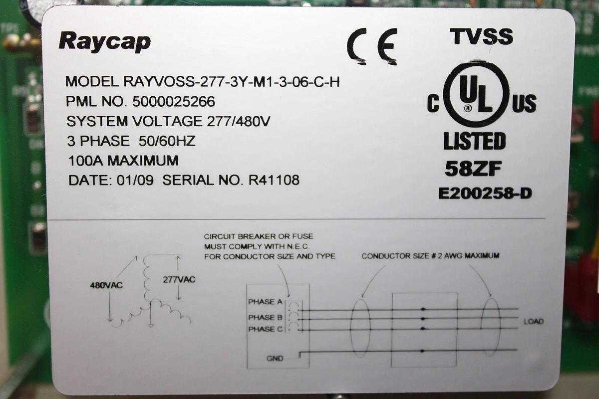 Used RAYCAP TRANSIENT VOLTAGE SUPPRESSOR RAYVOSS-277-3Y-M1-3-06-C-H 100 AMP