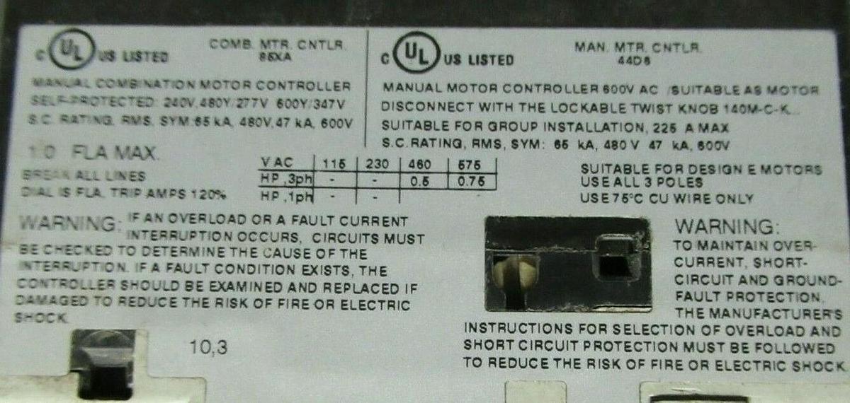 Used ALLEN BRADLEY MANUAL MOTOR START 140M-C2E-B10 SER. A 1 AMP 600 VAC 0.75 HP